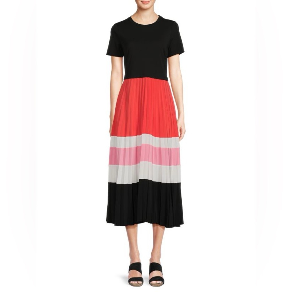 KARL LAGERFELD Paris Black and Red Pleated Colorblock Midi Dress,‎ 6